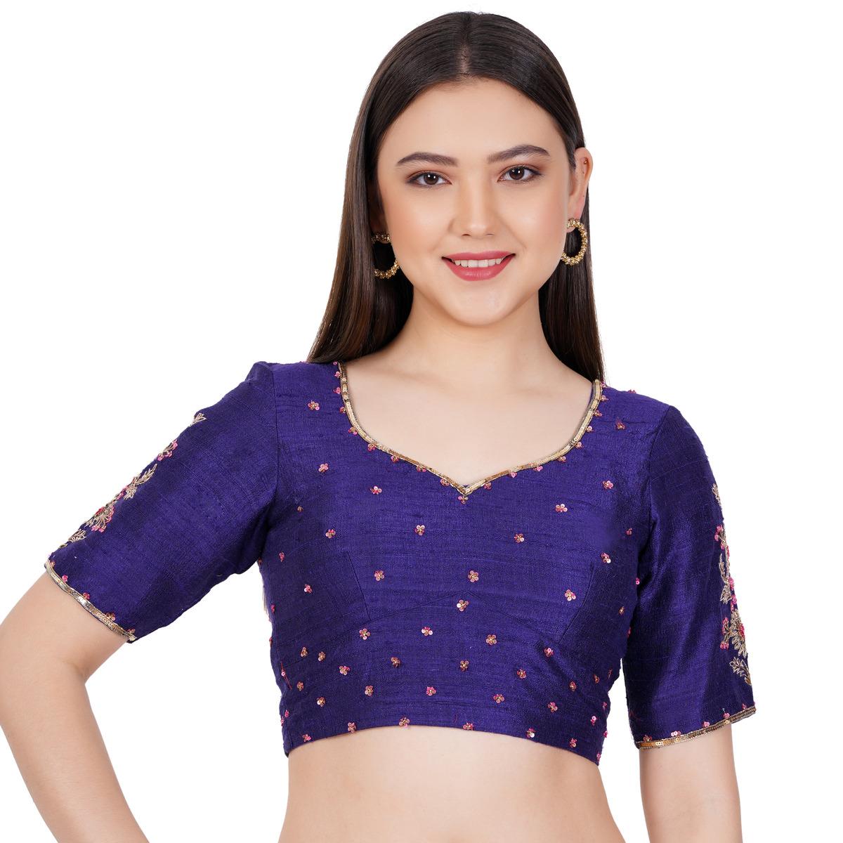 Women's Raw Silk Hand Embroided Navy Blue Color Blouse
