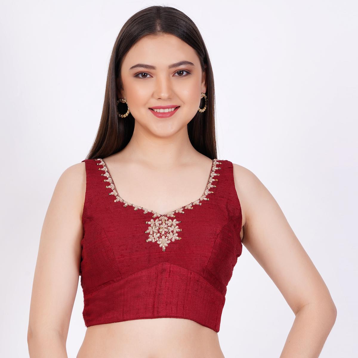 Women's Raw Silk Hand Embroided Maroon Color Blouse