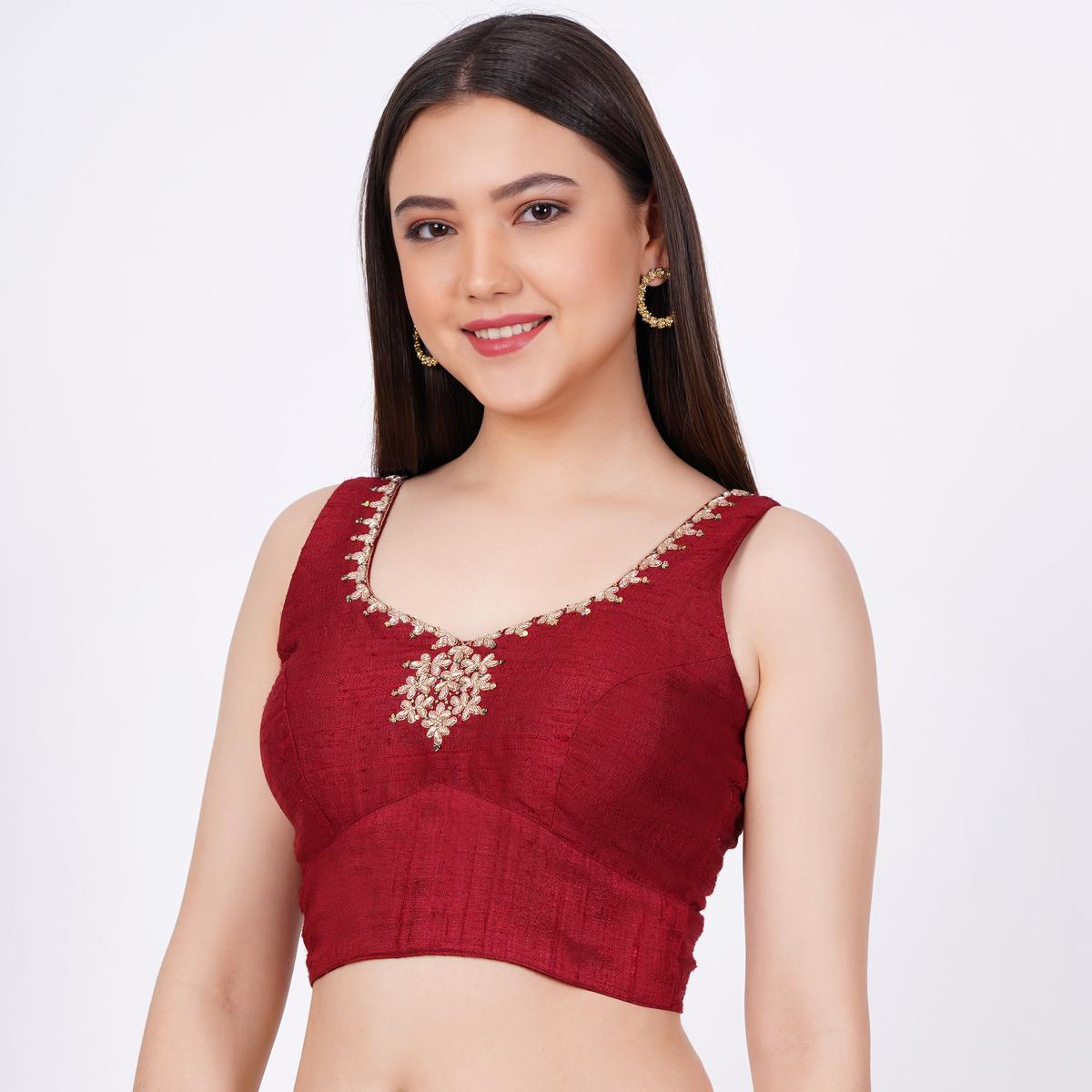 Women's Raw Silk Hand Embroided Maroon Color Blouse