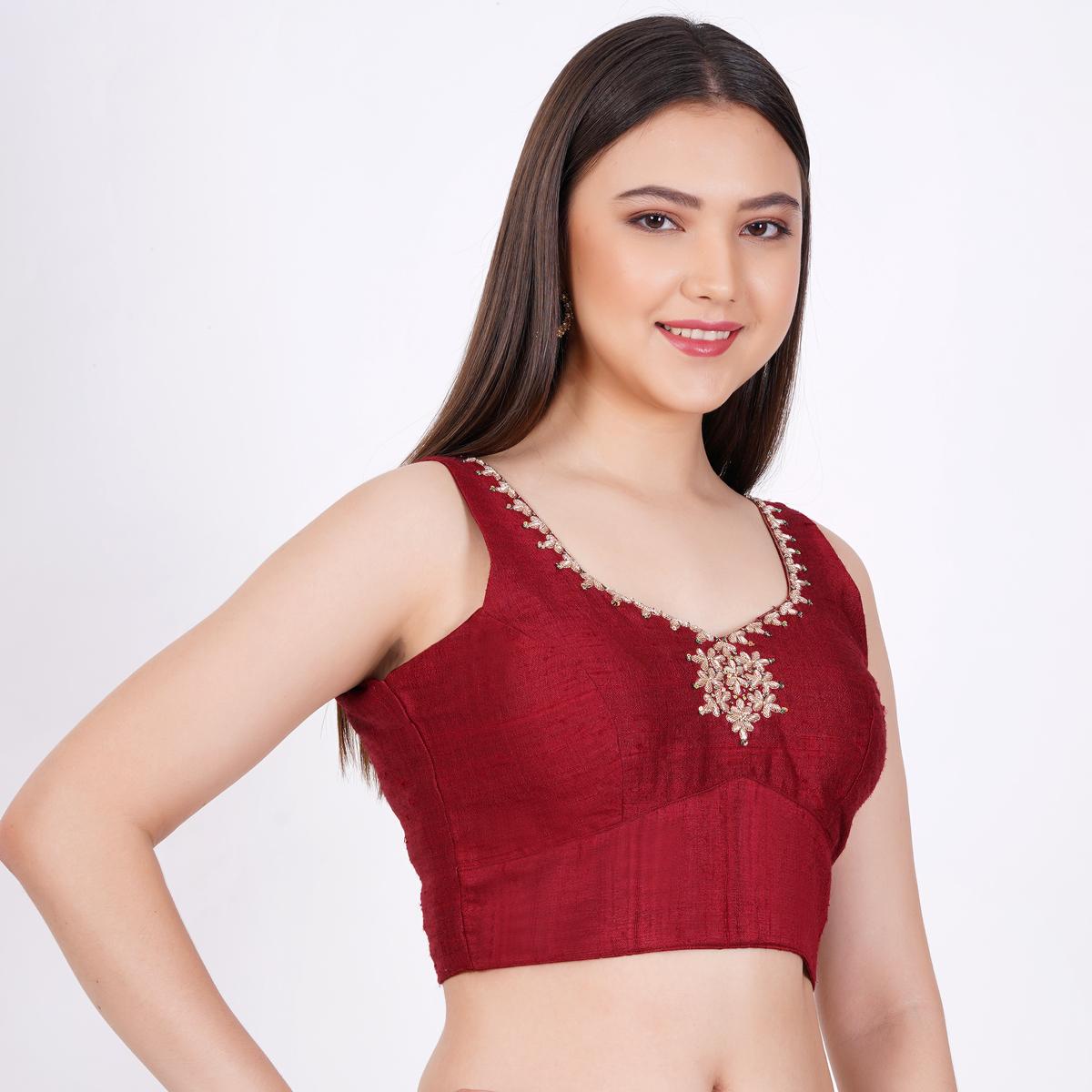 Women's Raw Silk Hand Embroided Maroon Color Blouse