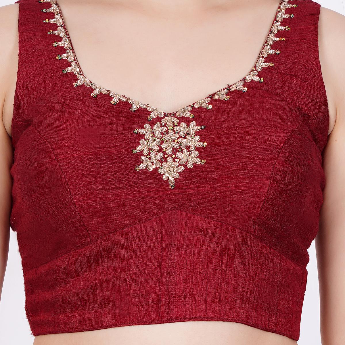 Women's Raw Silk Hand Embroided Maroon Color Blouse
