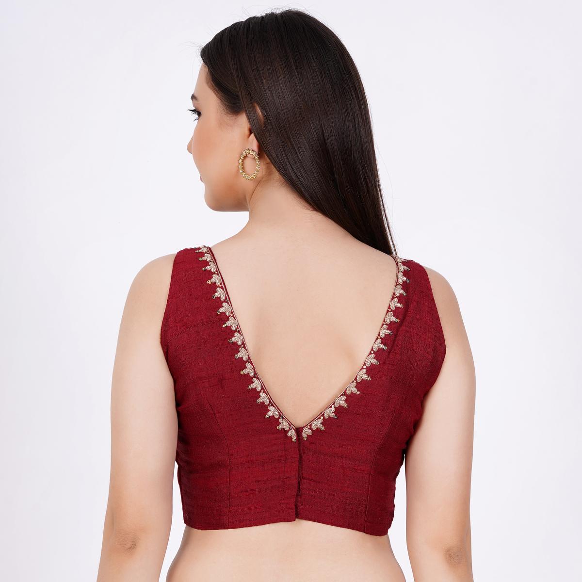 Women's Raw Silk Hand Embroided Maroon Color Blouse