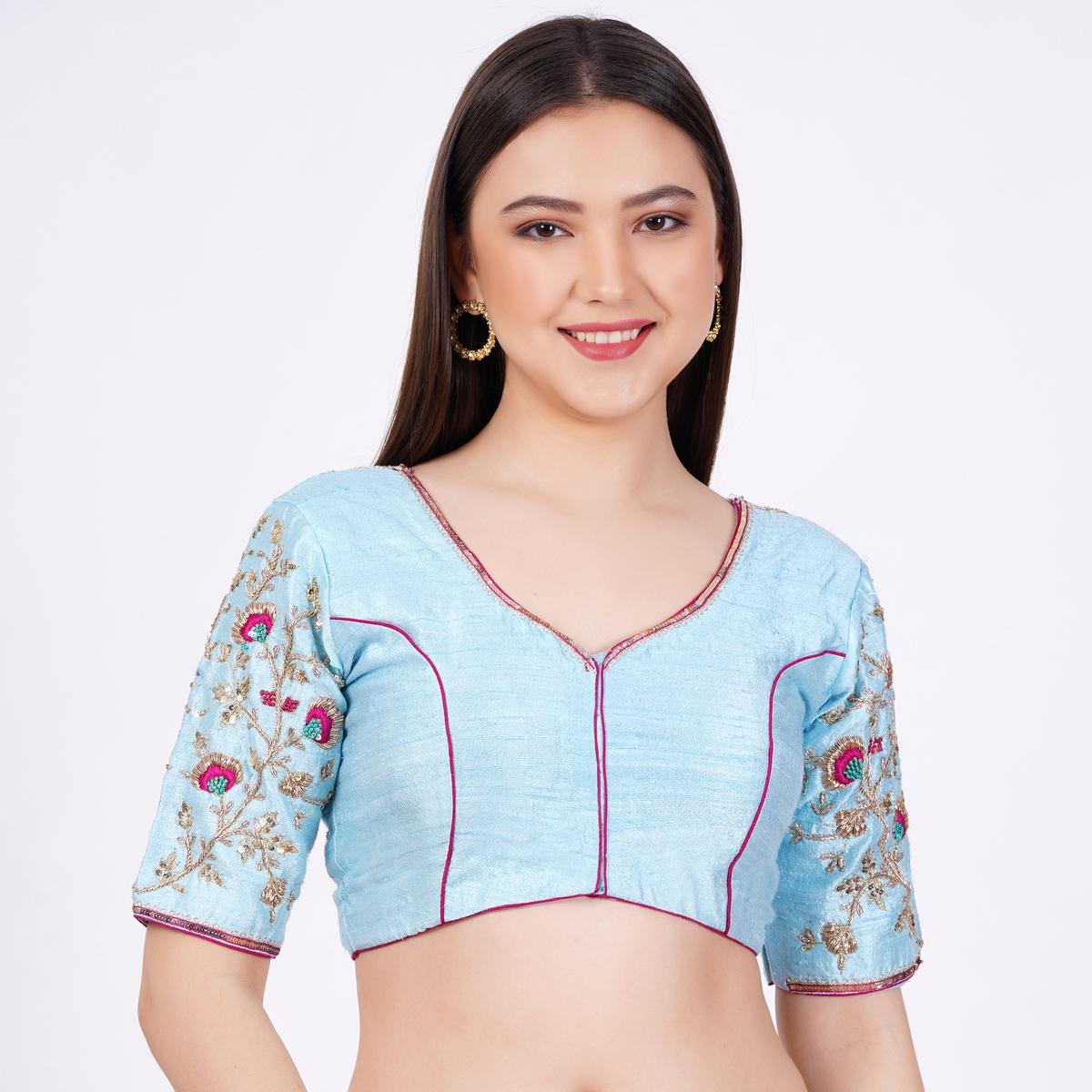 Women's Raw Silk Hand Embroided Sky Blue Color Blouse