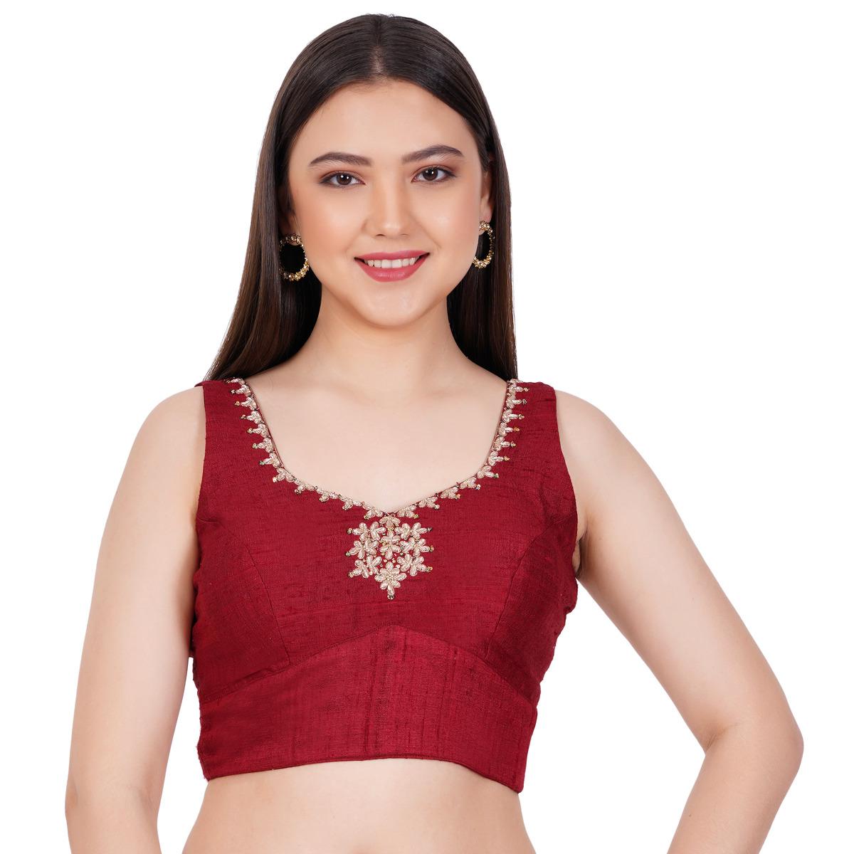 Women's Raw Silk Hand Embroided Maroon Color Blouse