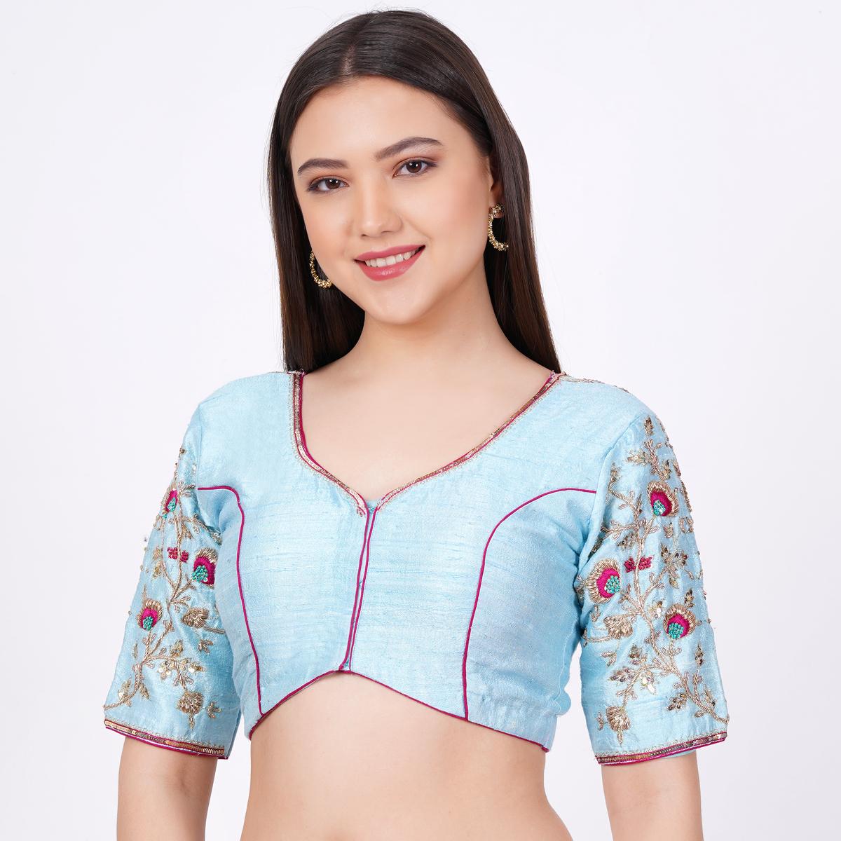 Women's Raw Silk Hand Embroided Sky Blue Color Blouse