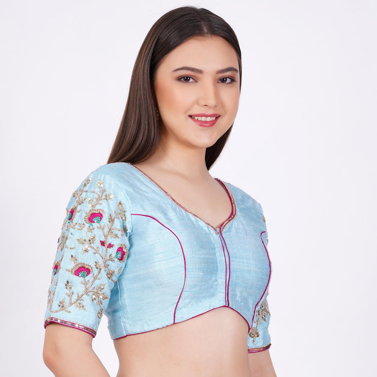 Women's Raw Silk Hand Embroided Sky Blue Color Blouse