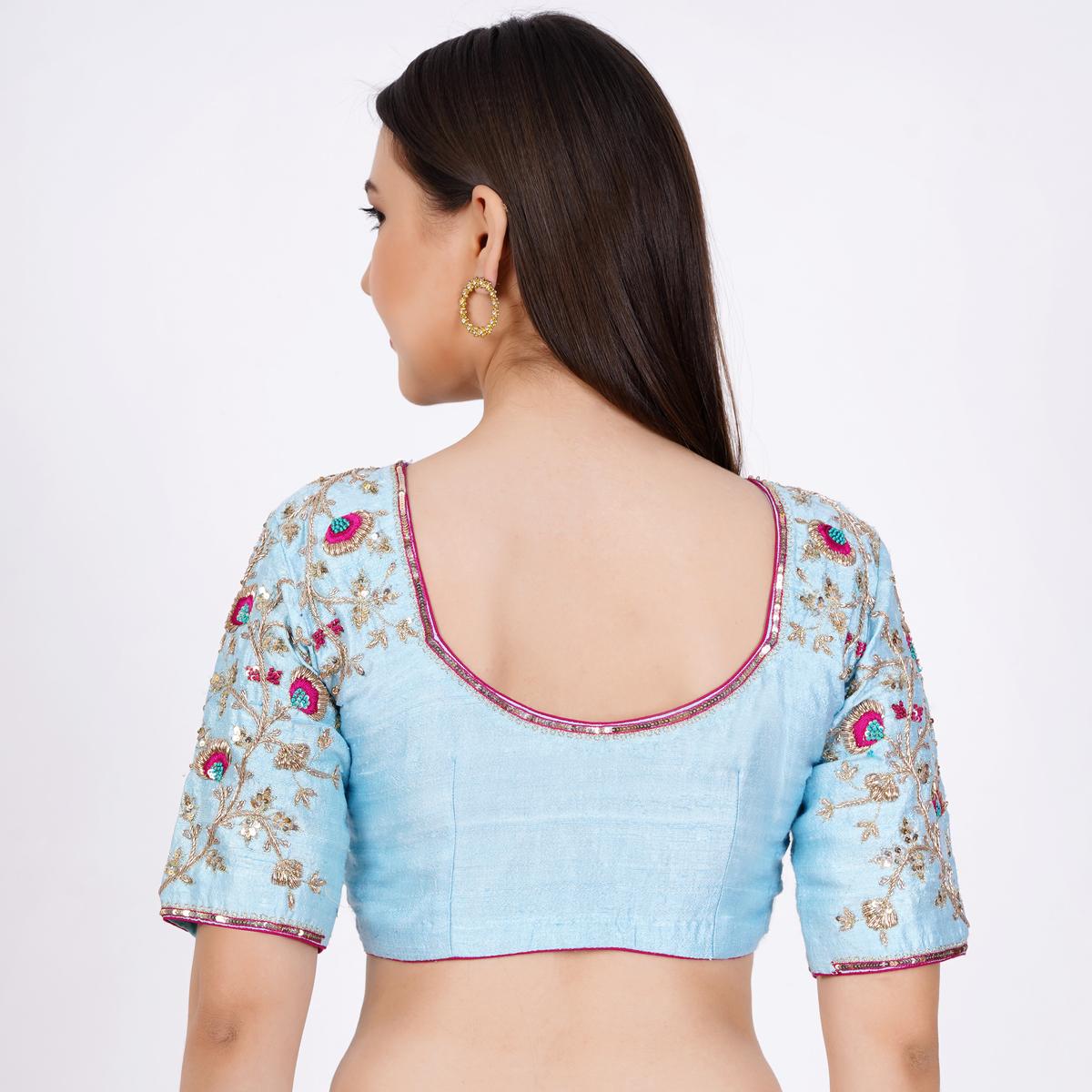 Women's Raw Silk Hand Embroided Sky Blue Color Blouse