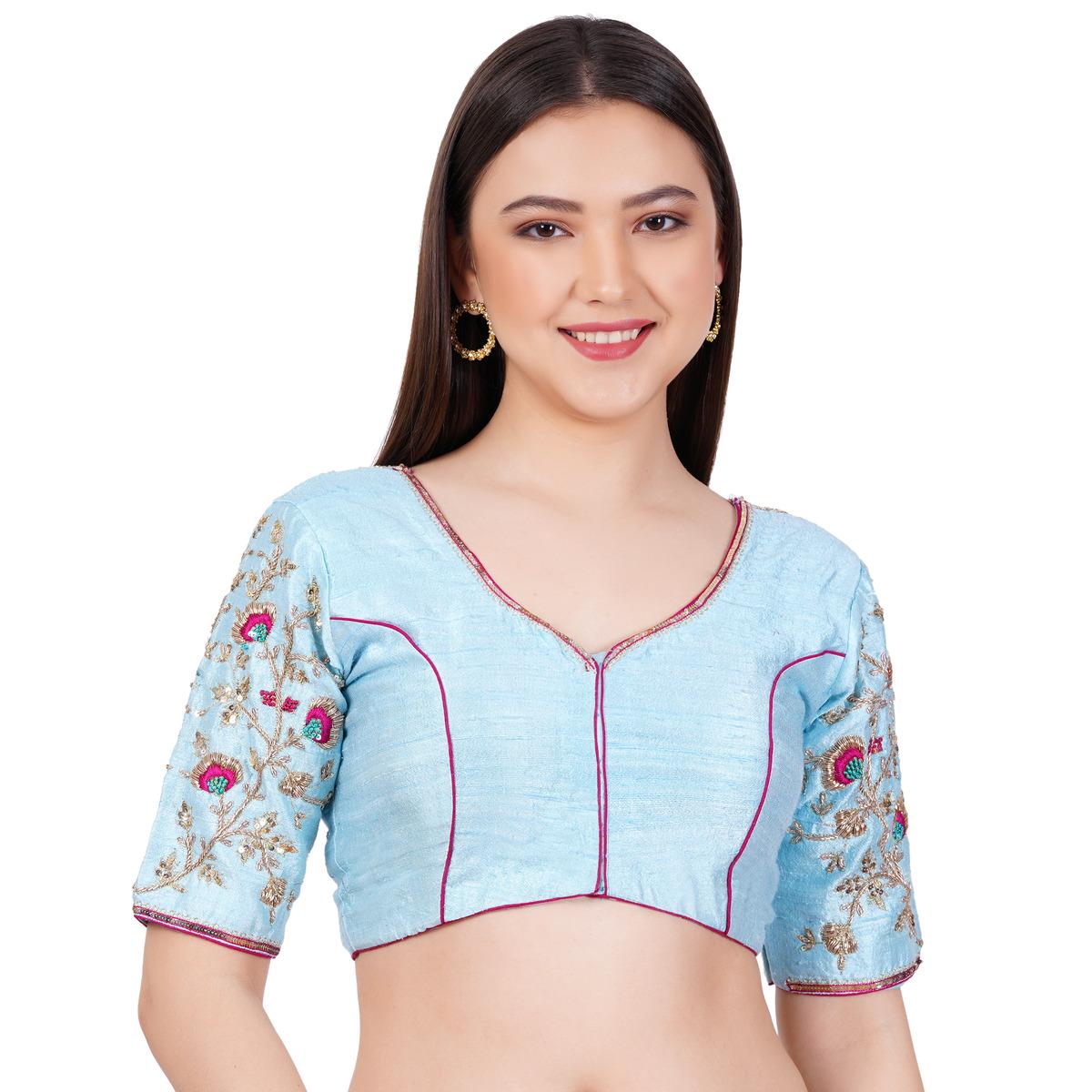 Women's Raw Silk Hand Embroided Sky Blue Color Blouse