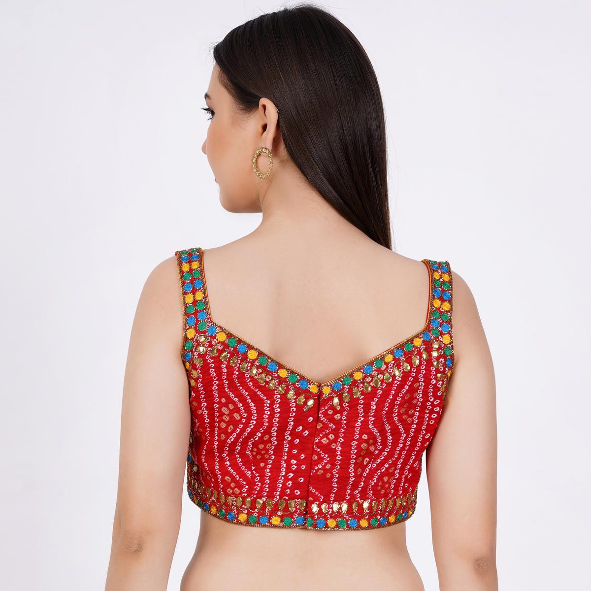Women's Cotton Bandhani Printed Red Color Hand Embroid Blouse