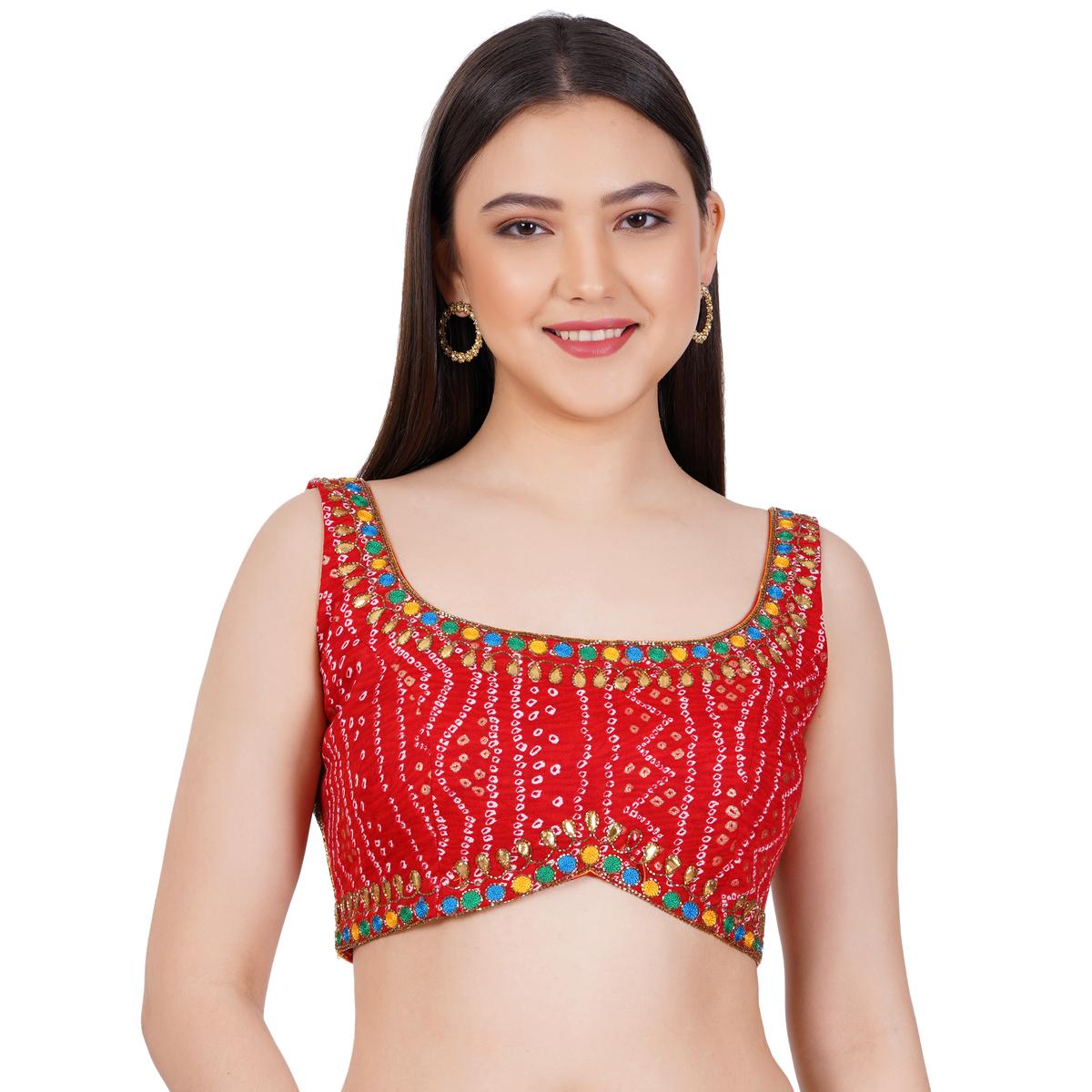 Women's Cotton Bandhani Printed Red Color Hand Embroid Blouse