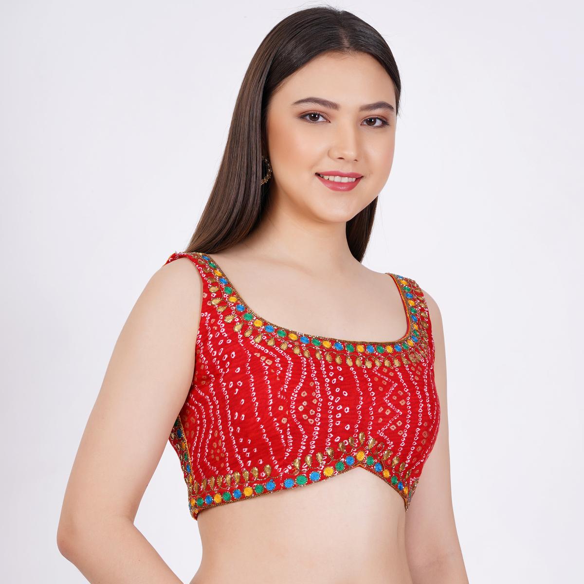 Women's Cotton Bandhani Printed Red Color Hand Embroid Blouse