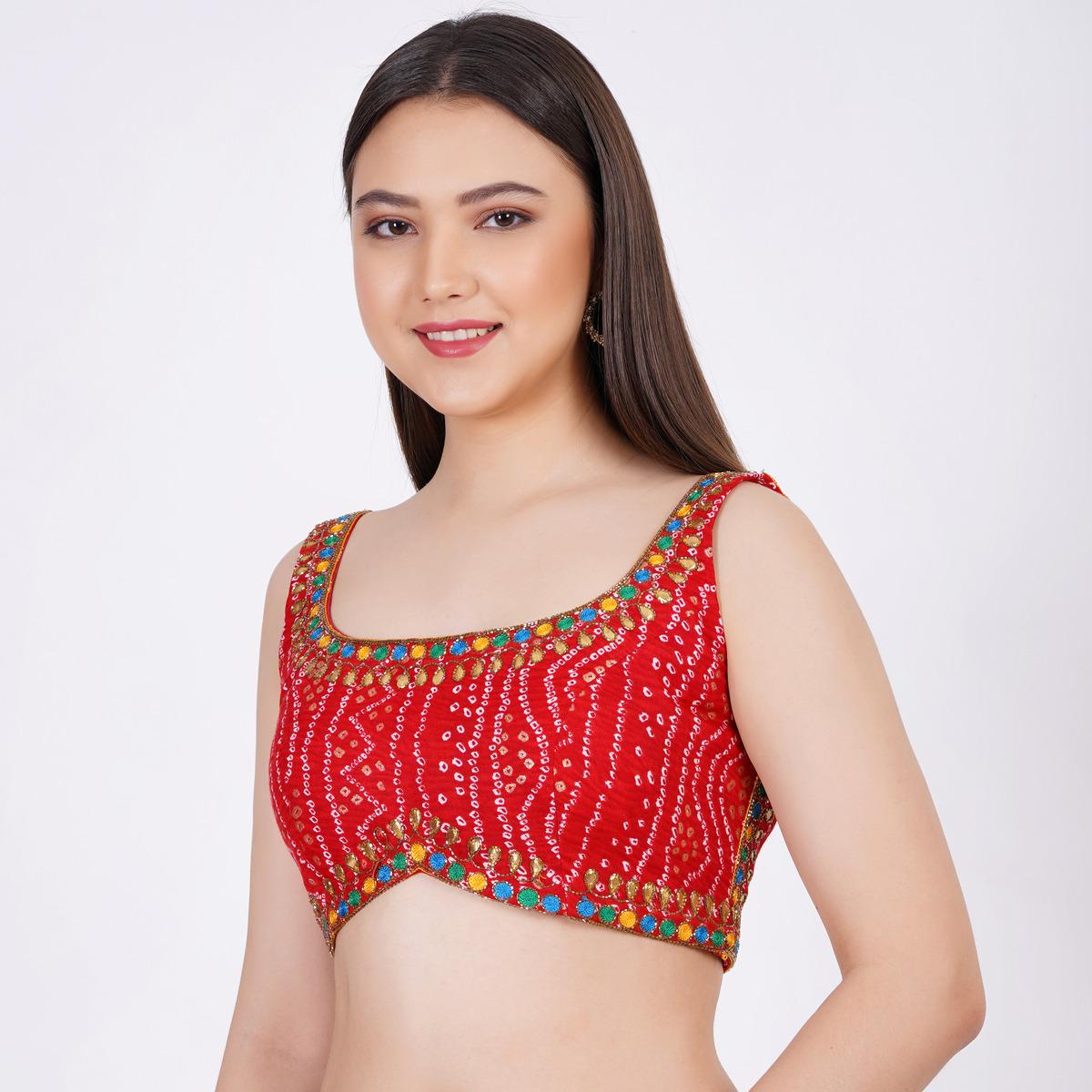 Women's Cotton Bandhani Printed Red Color Hand Embroid Blouse