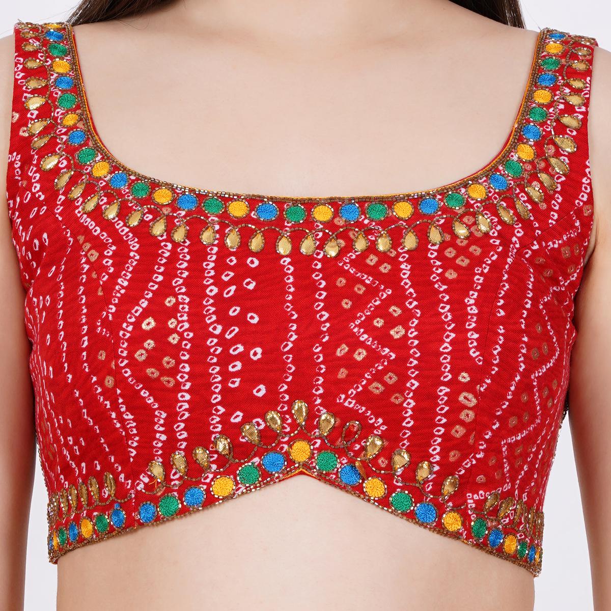 Women's Cotton Bandhani Printed Red Color Hand Embroid Blouse