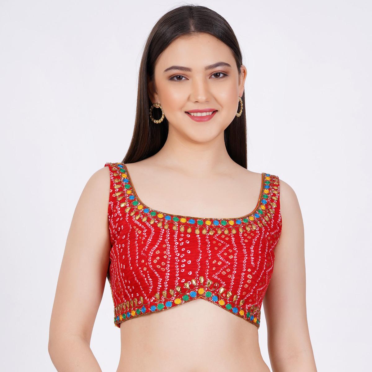 Women's Cotton Bandhani Printed Red Color Hand Embroid Blouse
