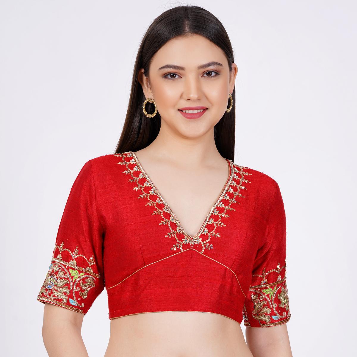 Women's Raw Silk Red Color Hand Embroided Blouse