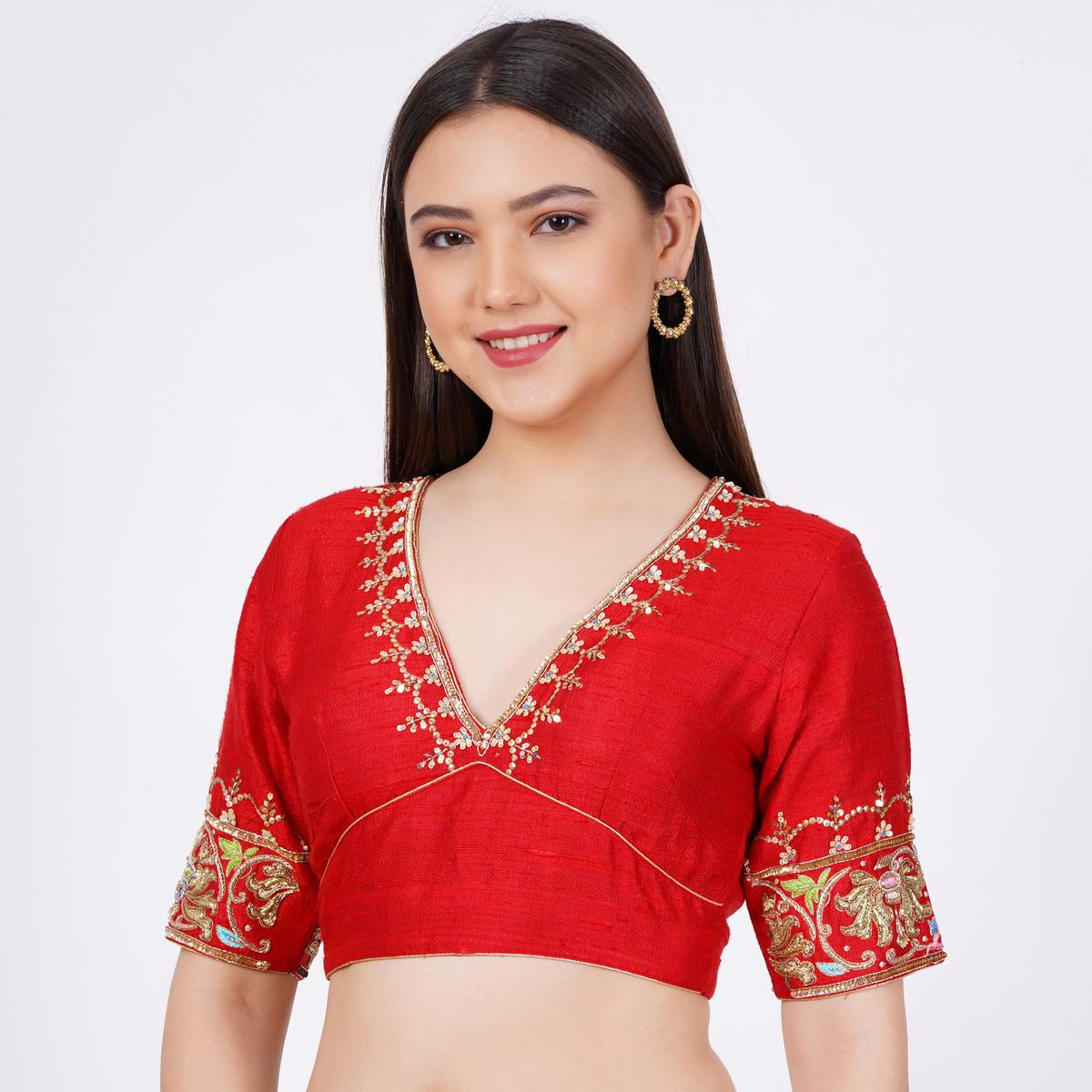 Women's Raw Silk Red Color Hand Embroided Blouse