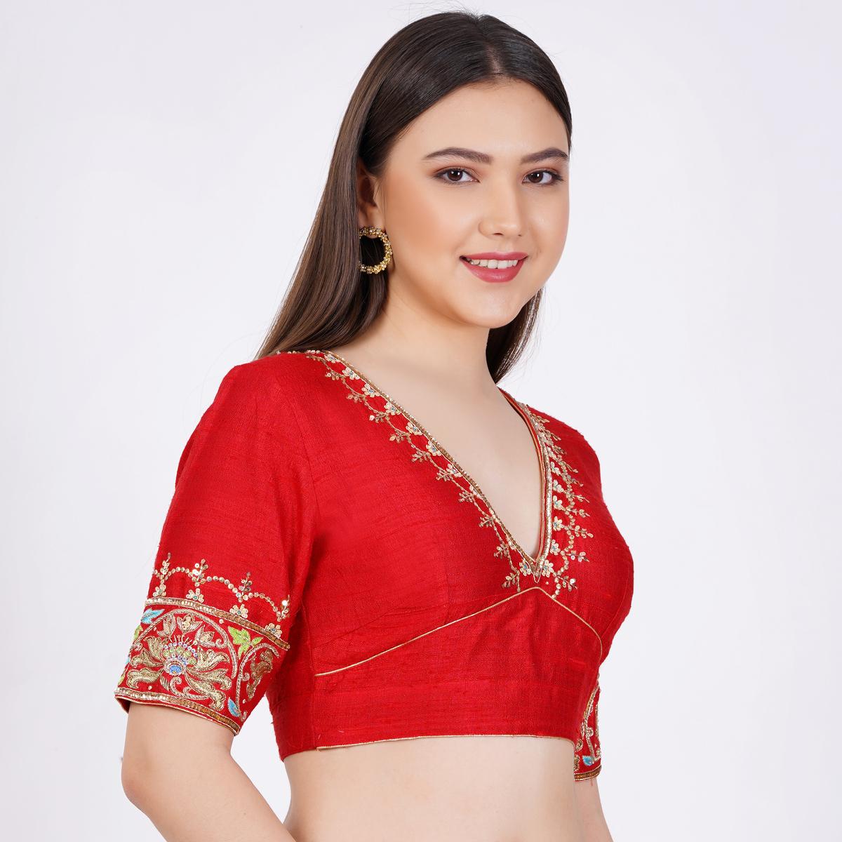Women's Raw Silk Red Color Hand Embroided Blouse