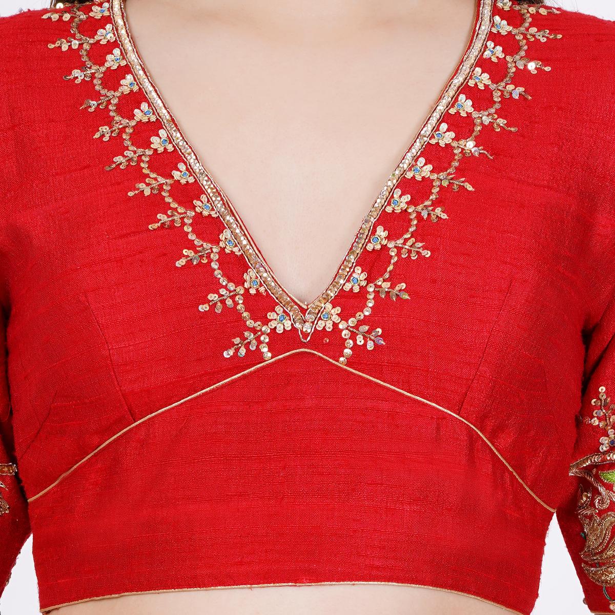 Women's Raw Silk Red Color Hand Embroided Blouse