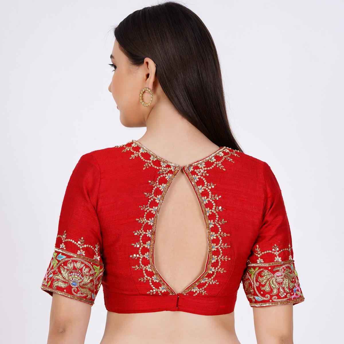 Women's Raw Silk Red Color Hand Embroided Blouse