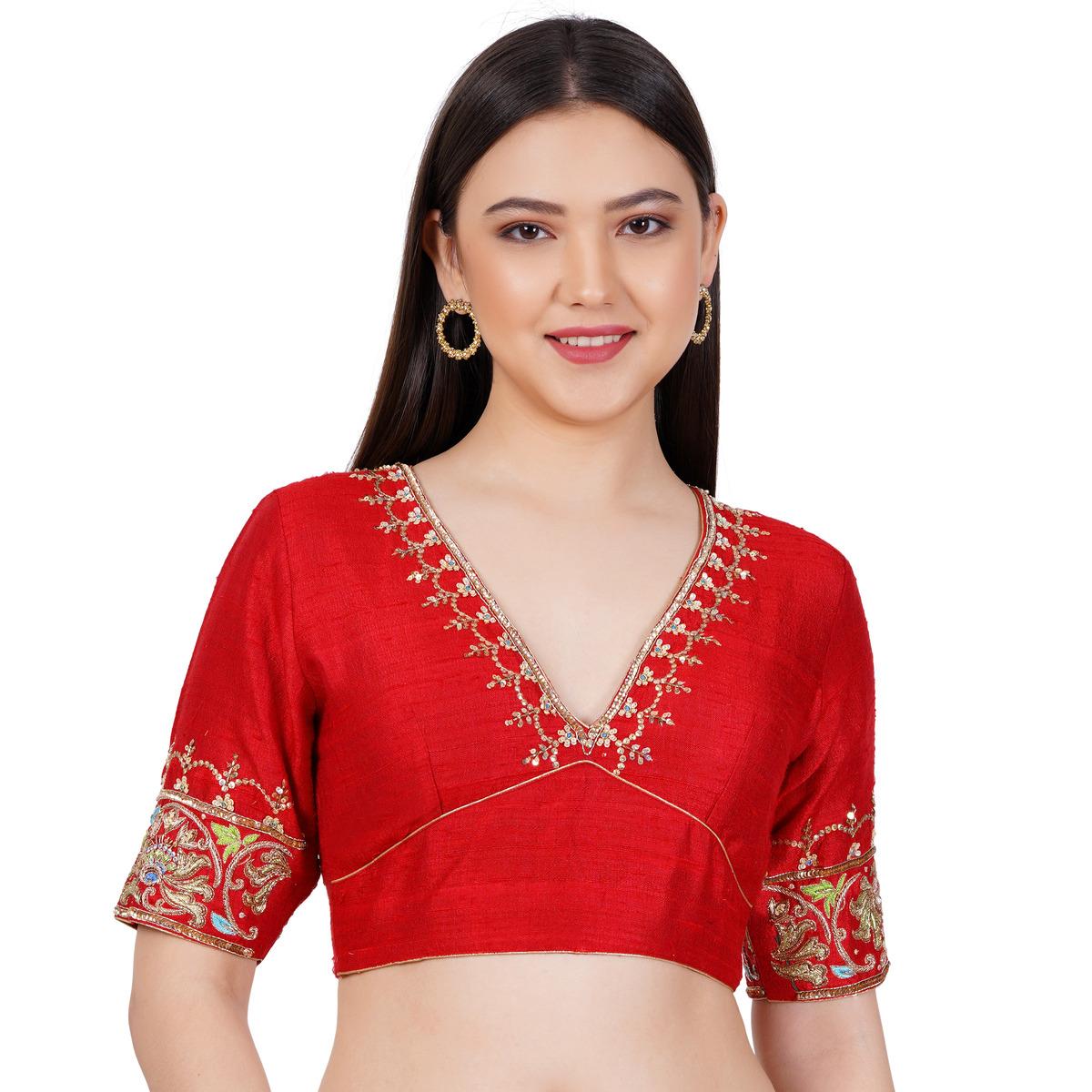 Women's Raw Silk Red Color Hand Embroided Blouse