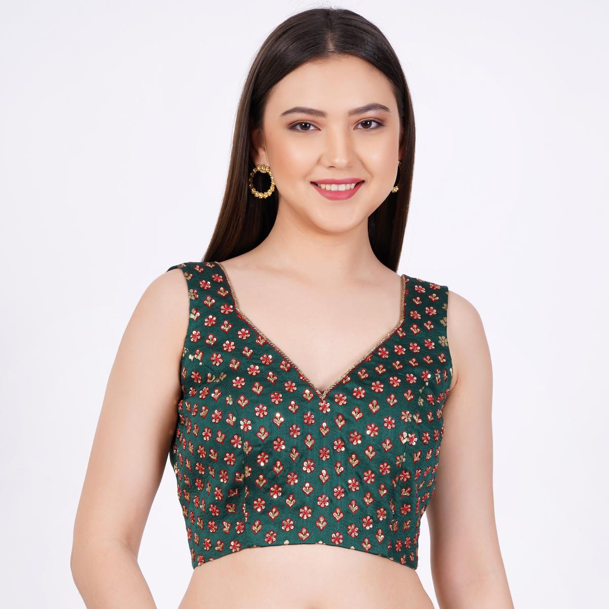 Women's Brocade Dark Green Hand Embroided Blouse
