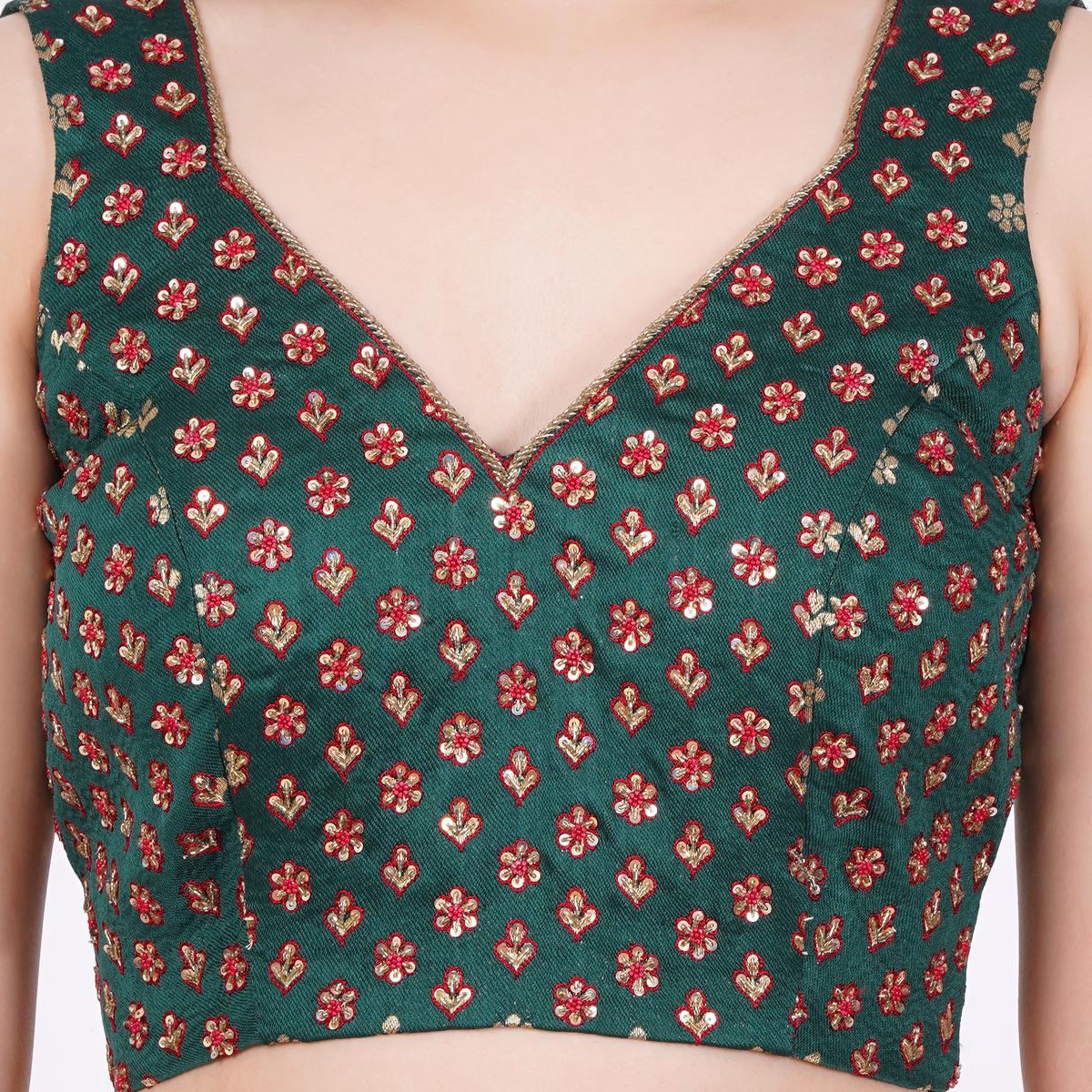Women's Brocade Dark Green Hand Embroided Blouse