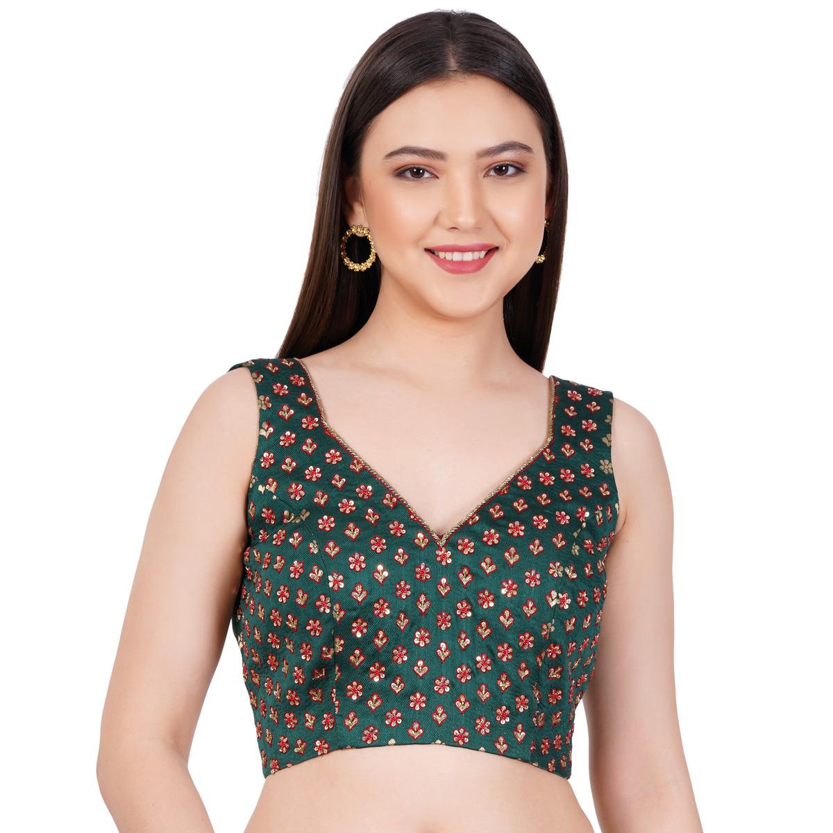 Women's Brocade Dark Green Hand Embroided Blouse