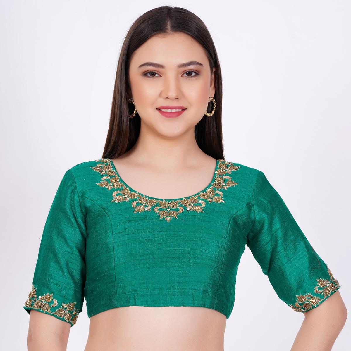 Women's Raw Silk Green Hand Embroided Blouse