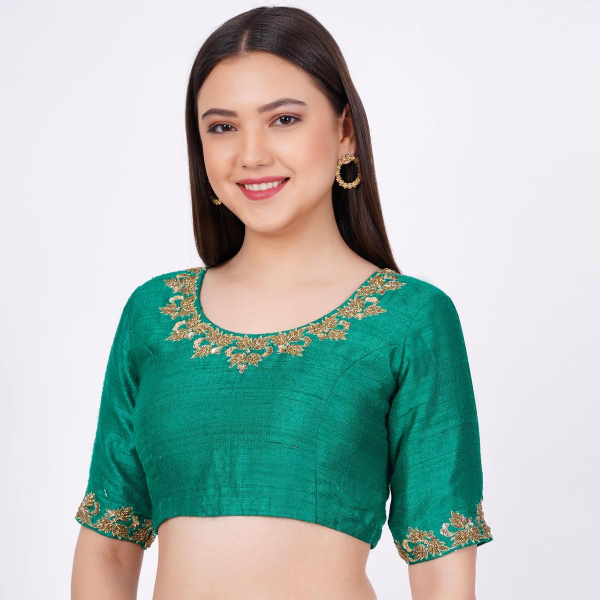 Women's Raw Silk Green Hand Embroided Blouse