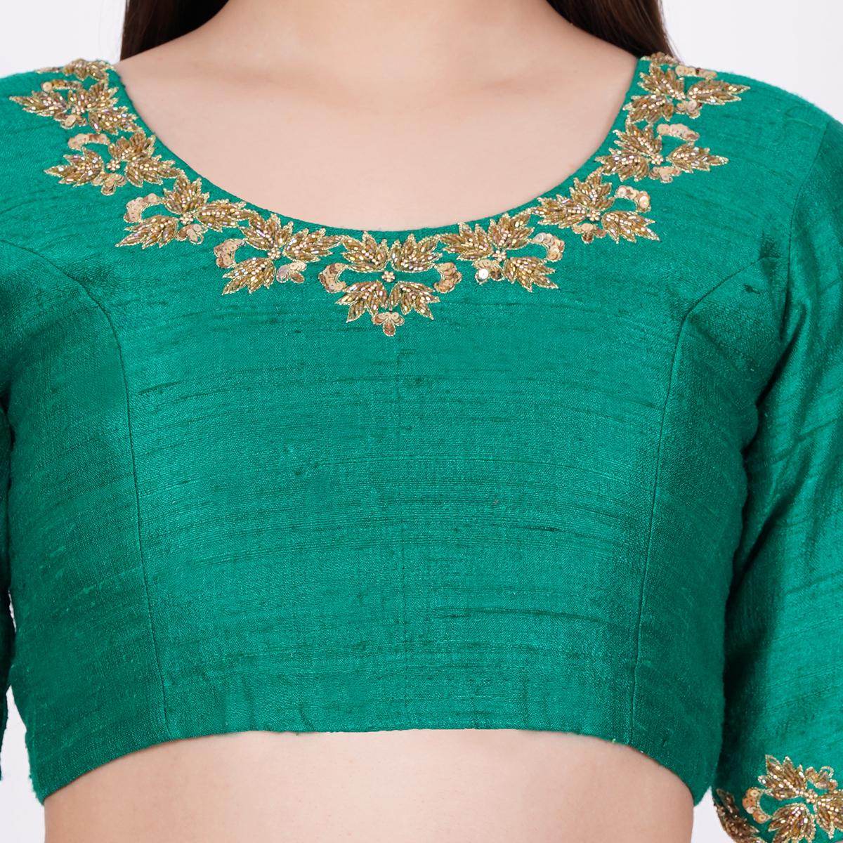 Women's Raw Silk Green Hand Embroided Blouse
