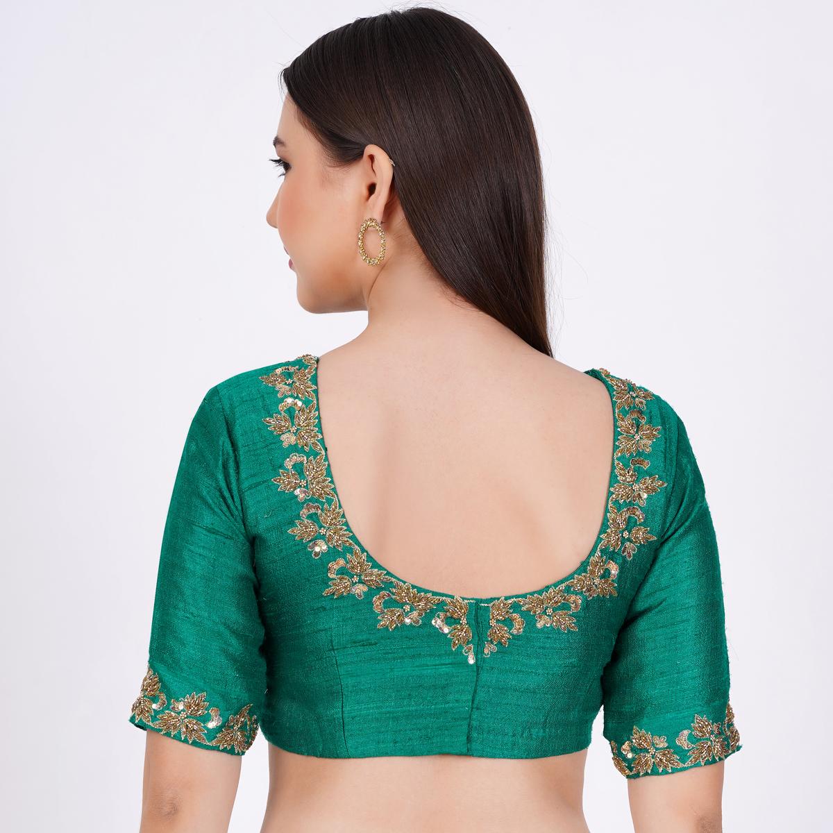 Women's Raw Silk Green Hand Embroided Blouse