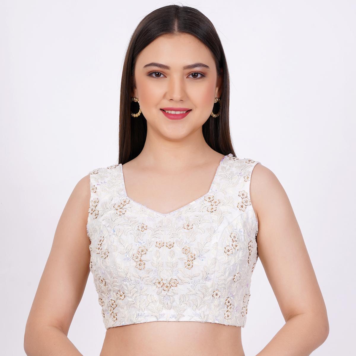 Women's Raw Silk White Color Hand Embroided Blouse