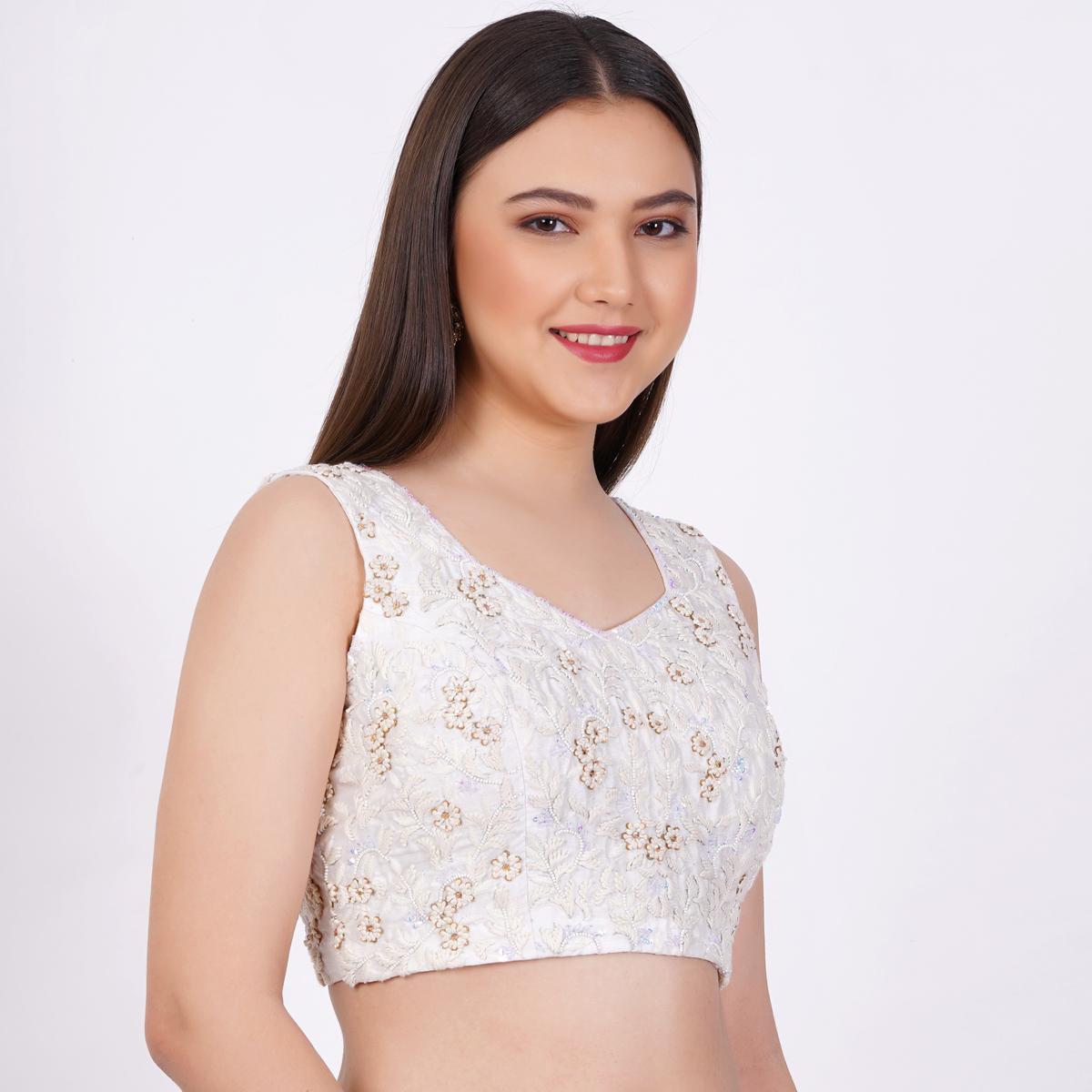 Women's Raw Silk White Color Hand Embroided Blouse