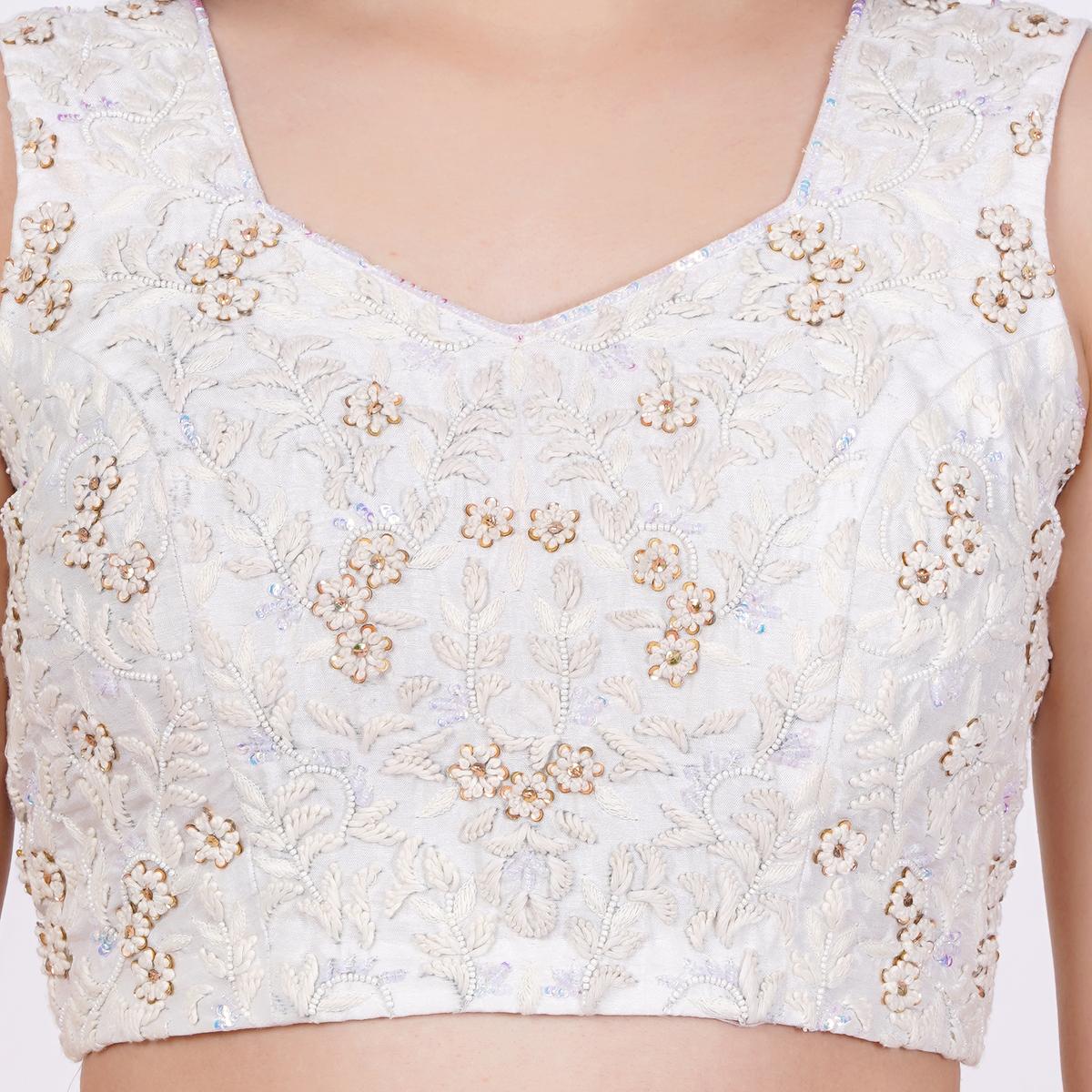 Women's Raw Silk White Color Hand Embroided Blouse
