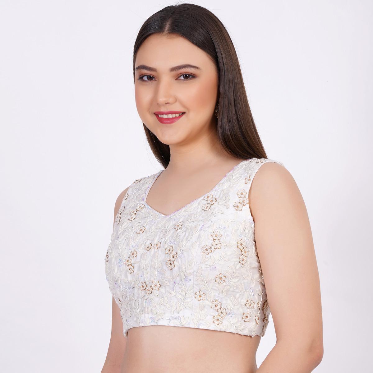 Women's Raw Silk White Color Hand Embroided Blouse