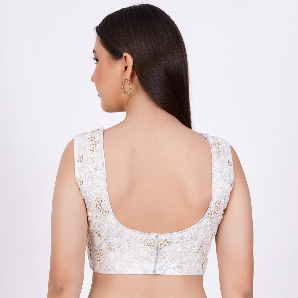 Women's Raw Silk White Color Hand Embroided Blouse