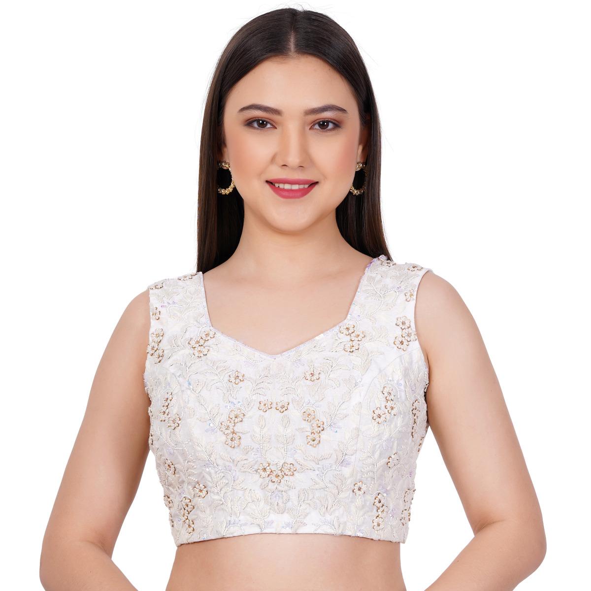 Women's Raw Silk White Color Hand Embroided Blouse