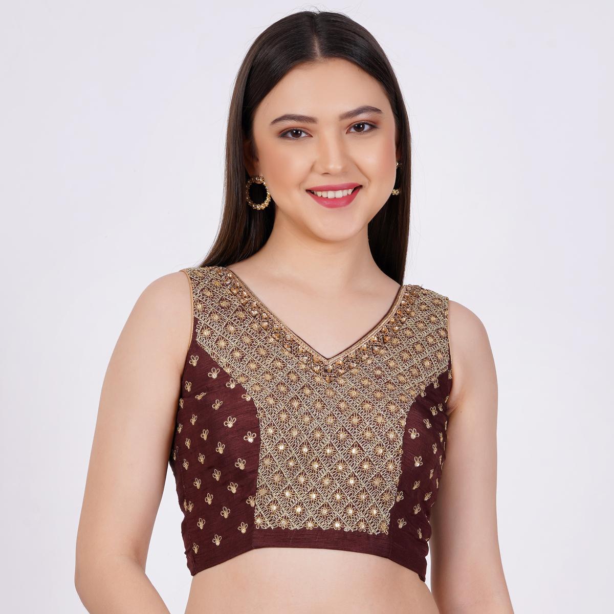Women's Raw Silk Brown Color Hand Embroided Blouse