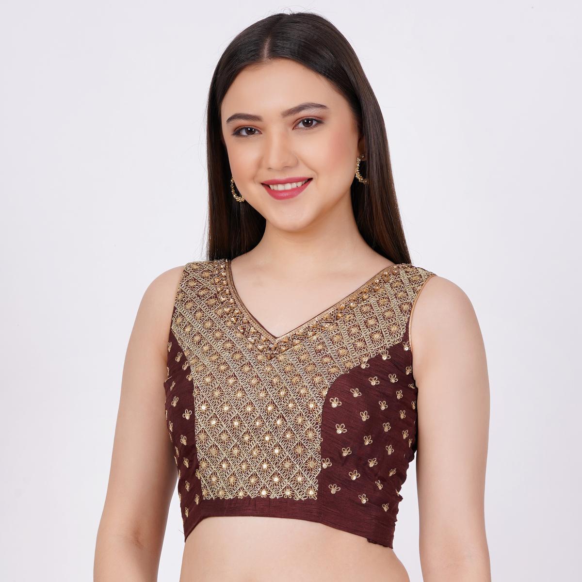 Women's Raw Silk Brown Color Hand Embroided Blouse