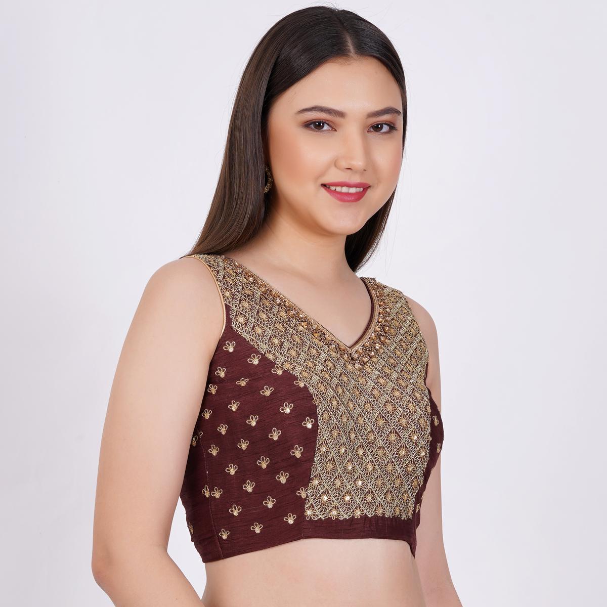 Women's Raw Silk Brown Color Hand Embroided Blouse
