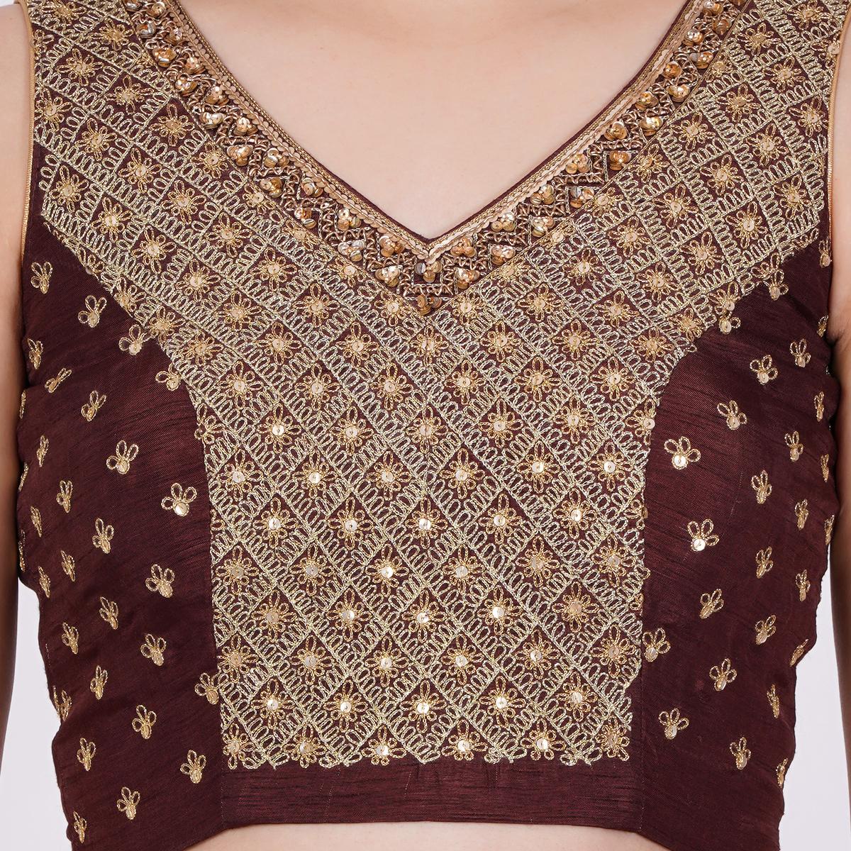 Women's Raw Silk Brown Color Hand Embroided Blouse