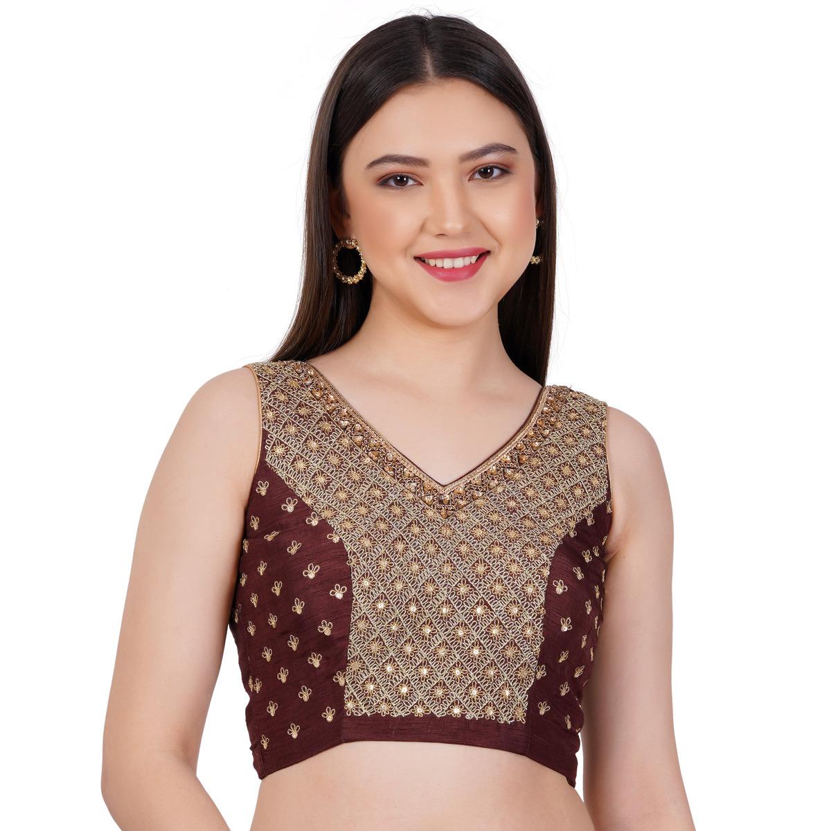Women's Raw Silk Brown Color Hand Embroided Blouse