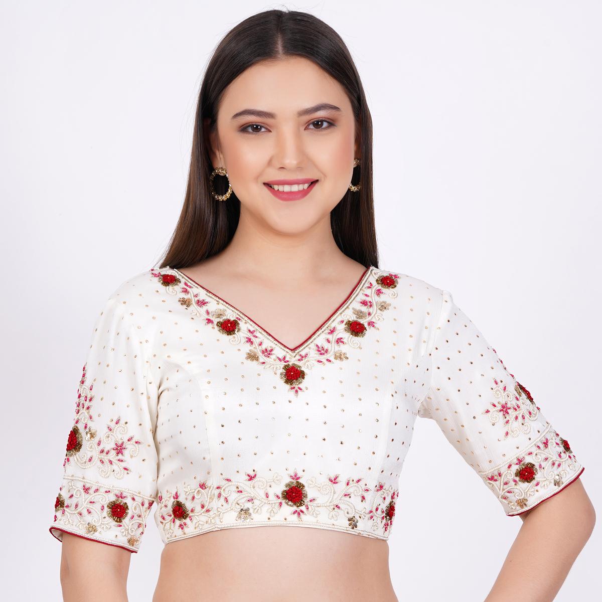 Women's Viscose Georgette Cream Color Hand Embroided Blouse