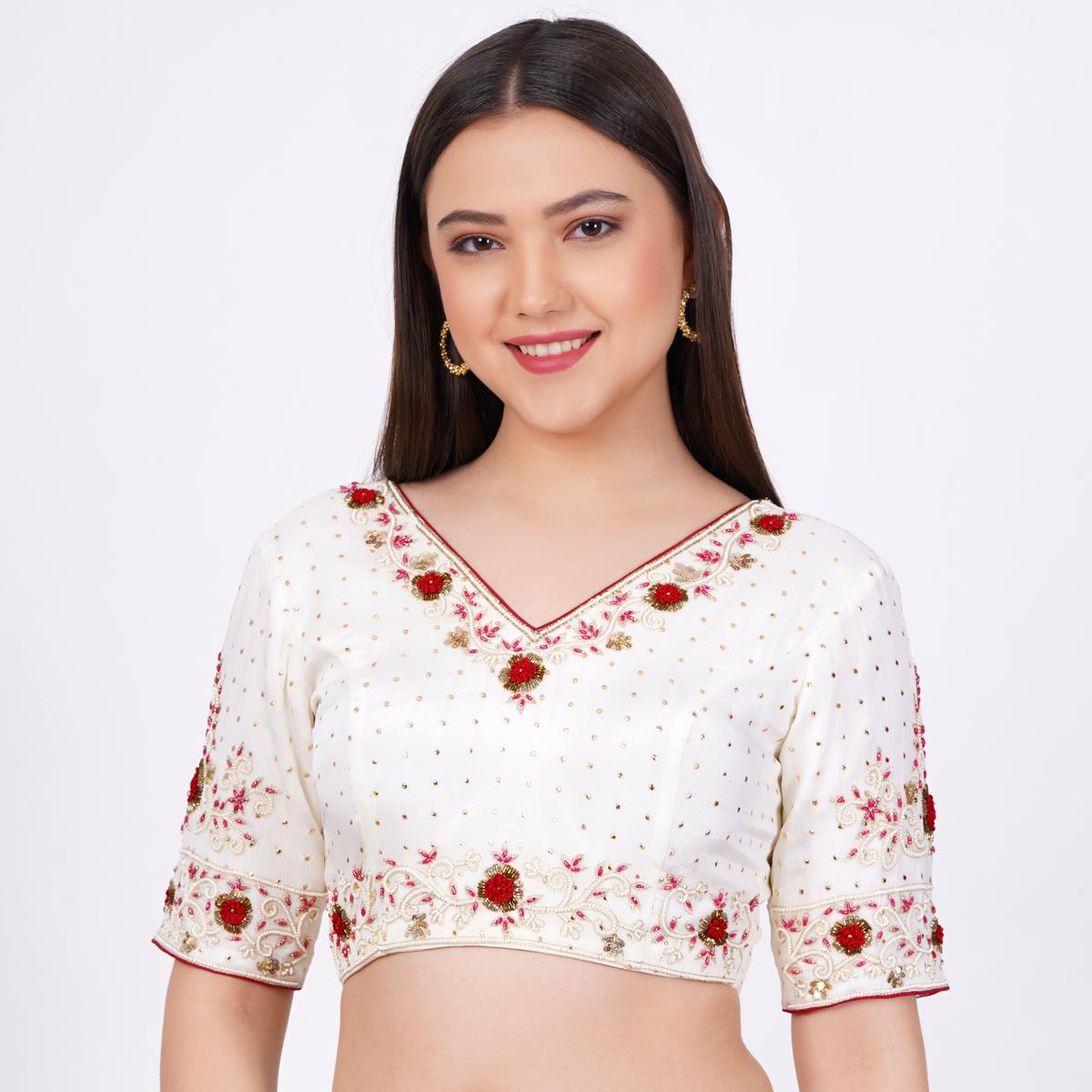 Women's Viscose Georgette Cream Color Hand Embroided Blouse
