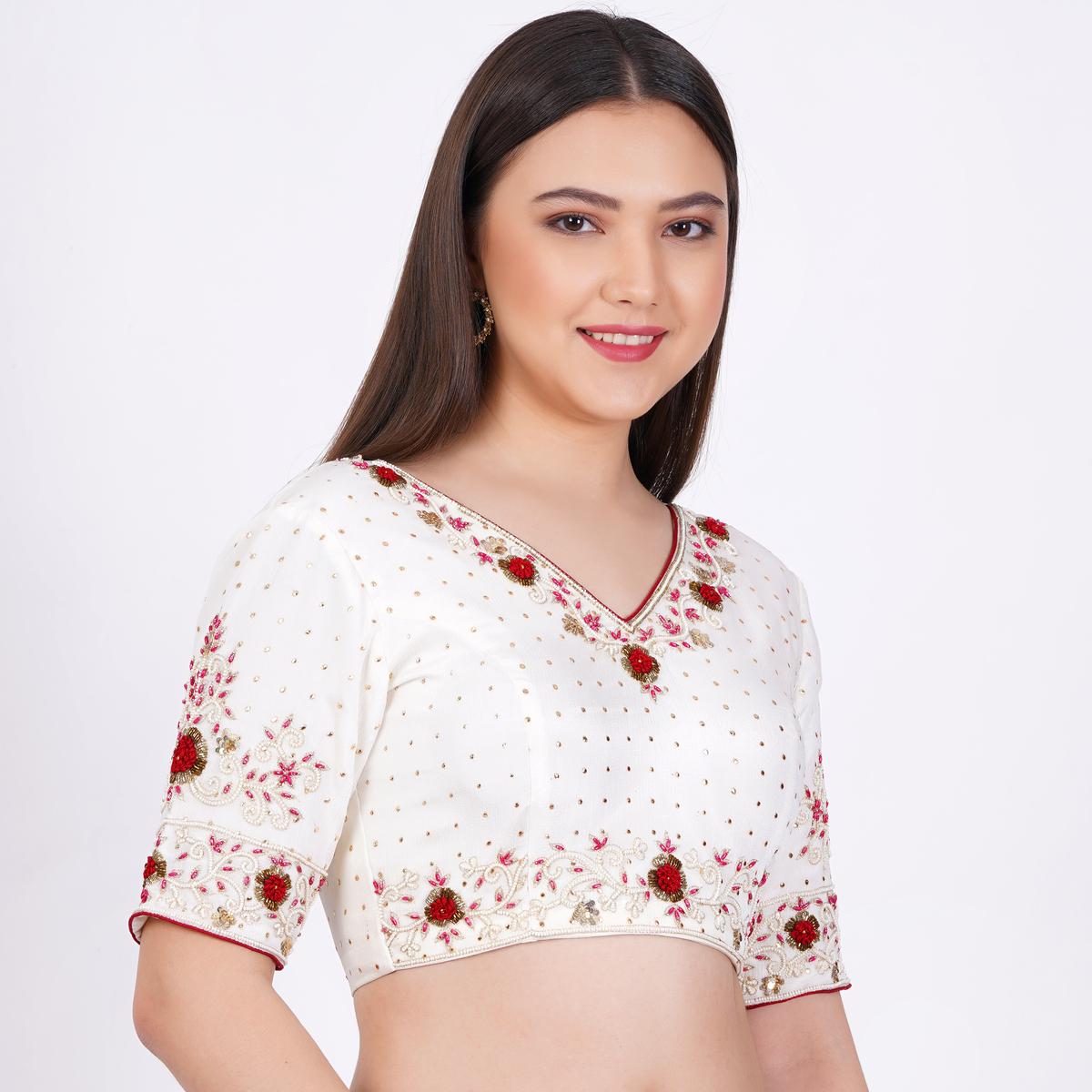 Women's Viscose Georgette Cream Color Hand Embroided Blouse