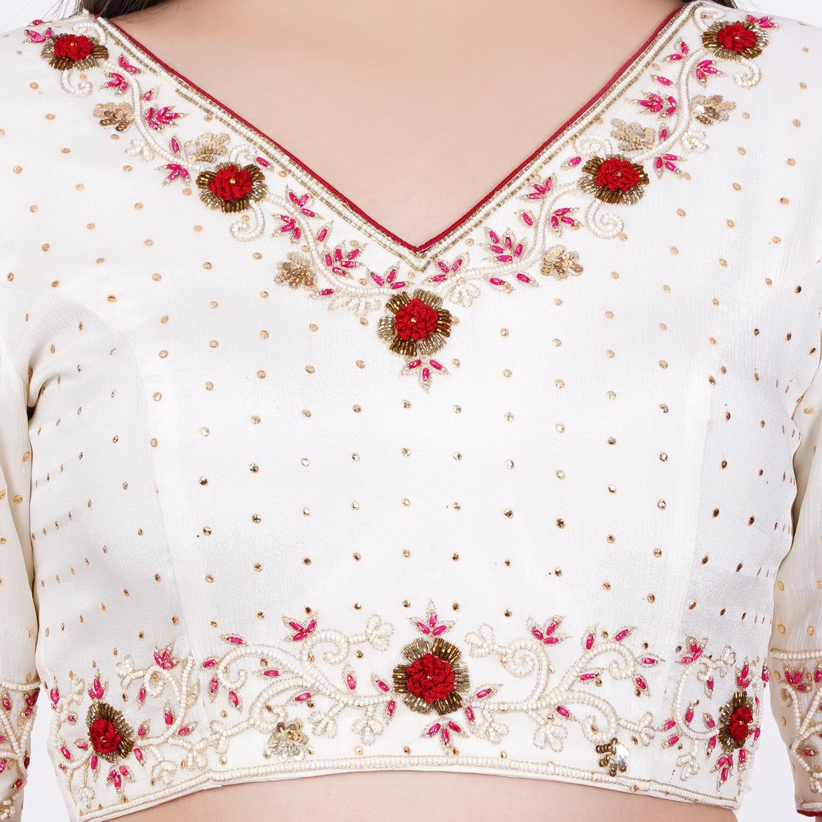 Women's Viscose Georgette Cream Color Hand Embroided Blouse