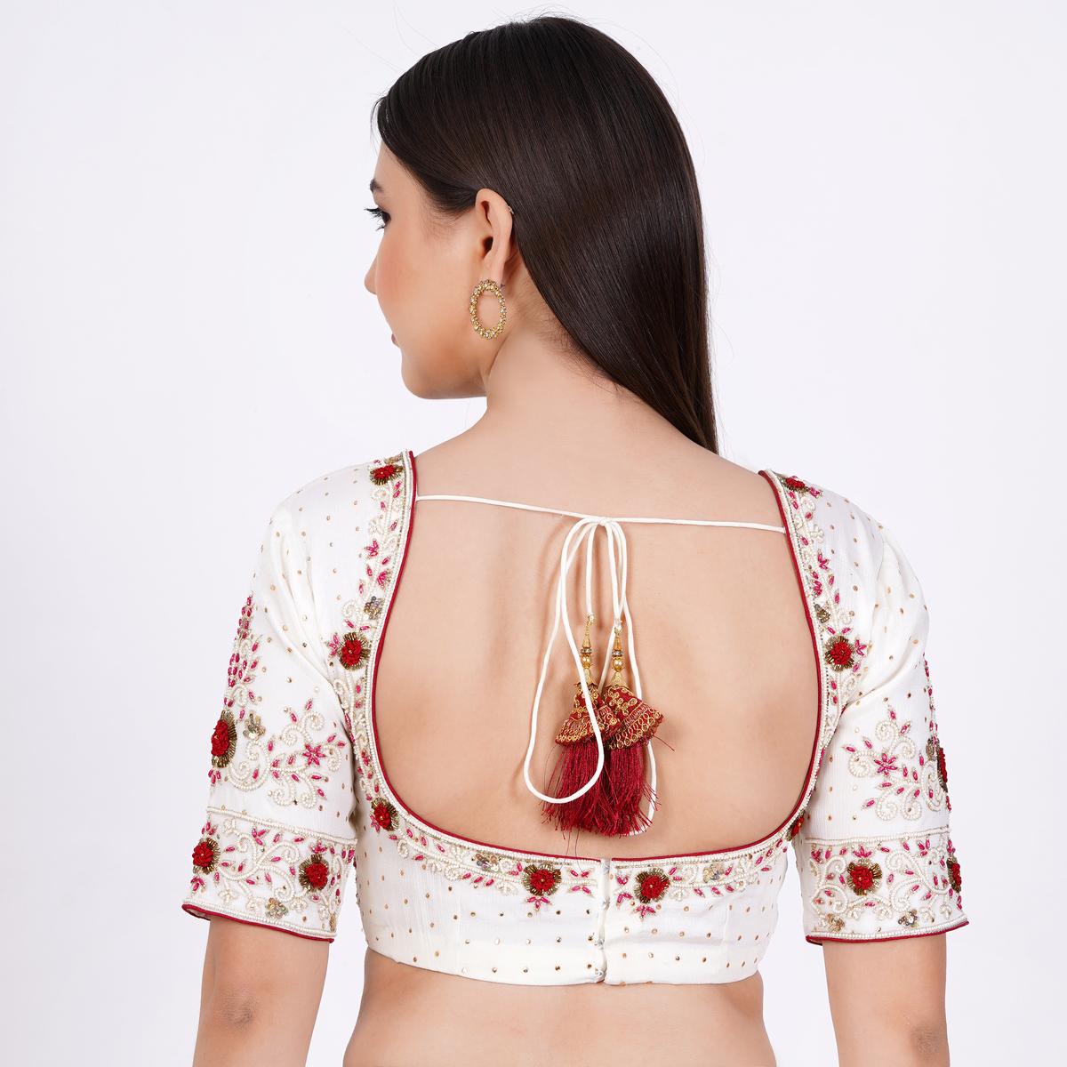 Women's Viscose Georgette Cream Color Hand Embroided Blouse
