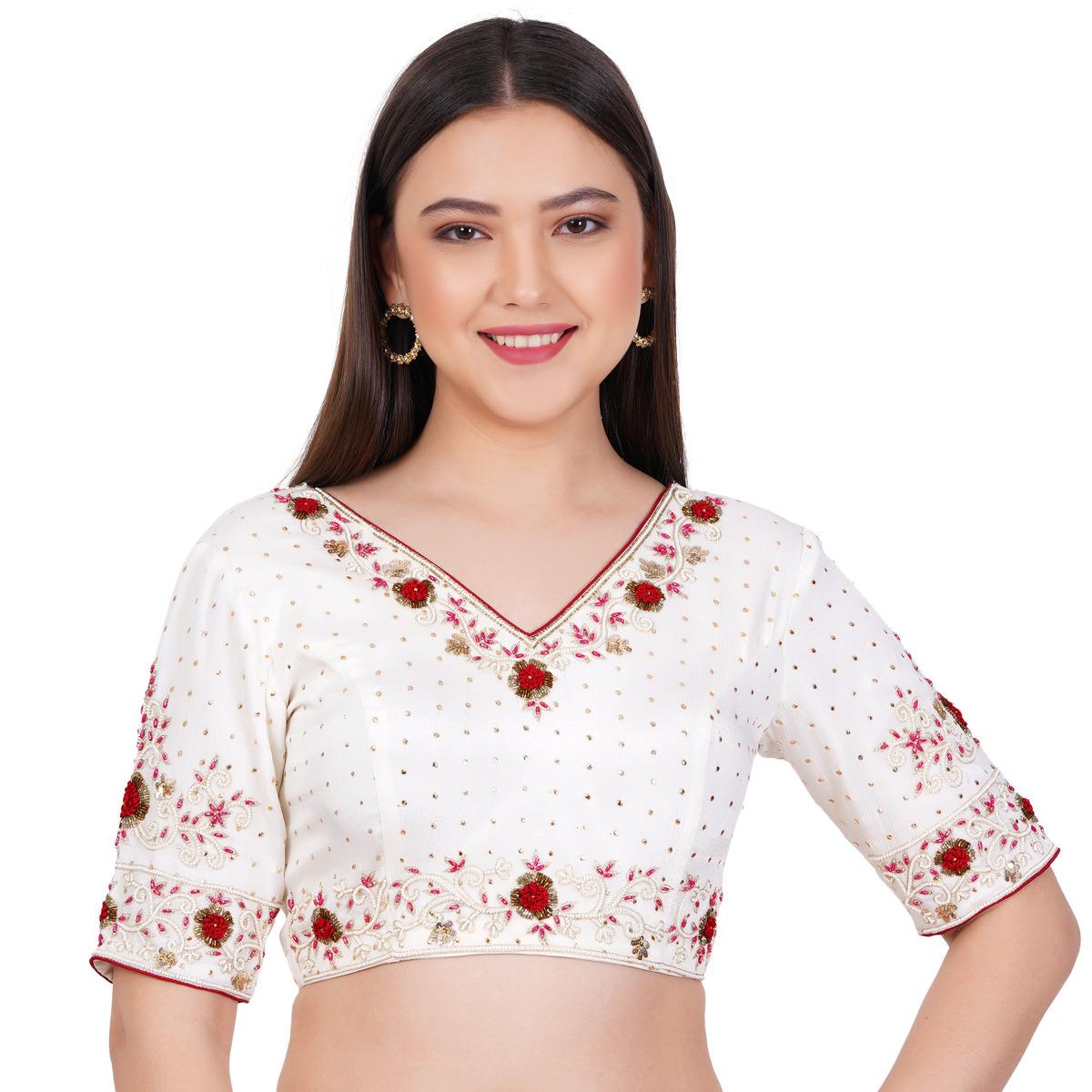 Women's Viscose Georgette Cream Color Hand Embroided Blouse