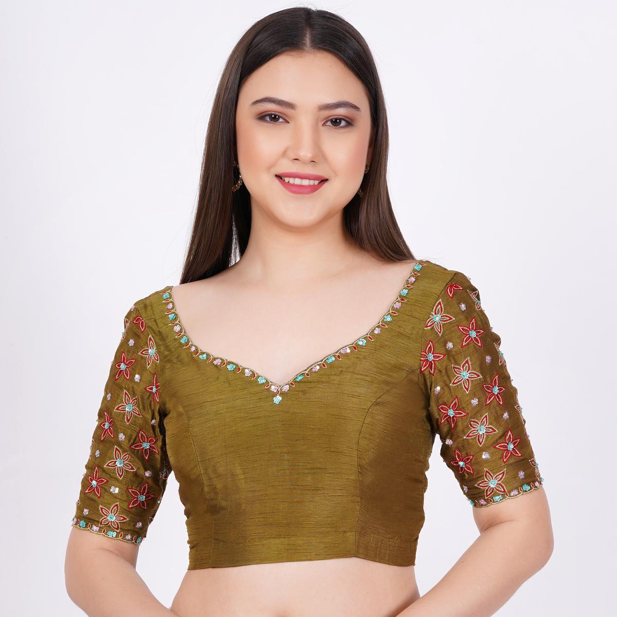 Women's Silk Olive Green Hand Embroided Blouse