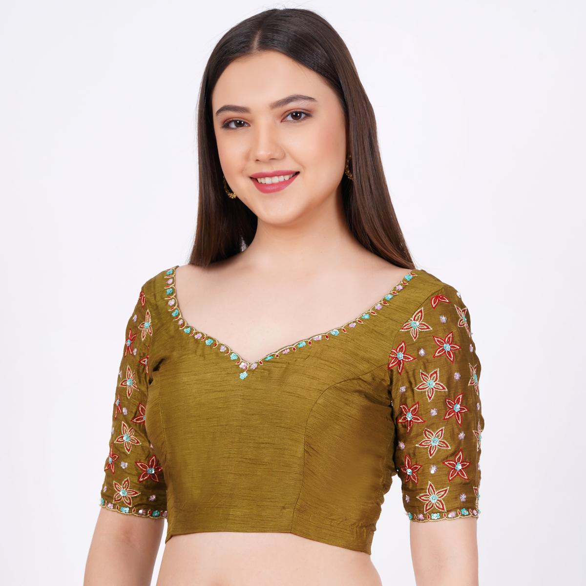 Women's Silk Olive Green Hand Embroided Blouse